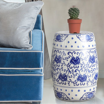 Lotus Flower 17.8" Chinoiserie Ceramic Drum Garden Stool - JONATHAN Y